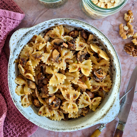 Pasta met paddenstoelen en walnotenpesto